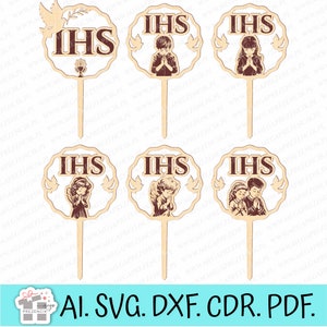 Gâteau topper svg découpé au laser. Première Sainte Communion topper IHS découpé au laser svg. Première Sainte Communion topper découpée au laser, Première Sainte Communion svg
