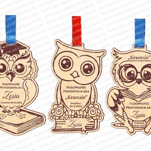 May include: Three wooden owl-shaped graduation ornaments with the text "Pasowanie Przedszkolaka" and the name "Zosia" on each. The date "20.10.2022" is also included on each ornament. One owl has a graduation cap, one has glasses, and one has a book.