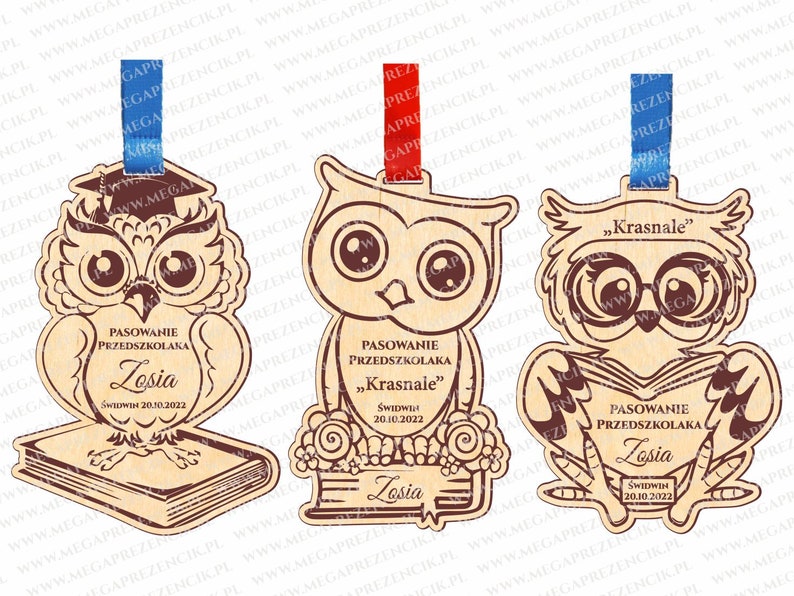 May include: Three wooden owl-shaped graduation ornaments with the text "Pasowanie Przedszkolaka" and the name "Zosia" on each. The date "20.10.2022" is also included on each ornament. One owl has a graduation cap, one has glasses, and one has a book.
