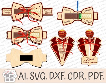 A thank you note for birthday guests A chocolate bow tie, A birthday thank you note A tuxedo for a lollipop. Laser cut file SVG, glowforge file.
