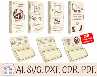 May include: A set of 36 wedding designs for laser cutting. The designs feature various wedding themes, including a couple in a car, a couple with rings, and a couple with a wreath. The designs are in a brown color and are on a white background.