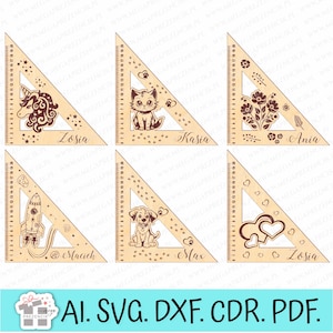 Esquadro personalizado com nome. Arquivo cortado a laser SVG, Set square svg. Ideia de presente para um laser infantil. conjunto de material escolar quadrado laser svg