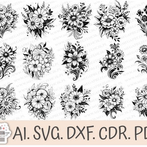 Può includere: Un set di 15 illustrazioni di bouquet di fiori in bianco e nero. I bouquet sono disegnati in stile vintage e presentano vari tipi di fiori, tra cui rose, margherite e gigli. Le illustrazioni sono perfette per l'uso in progetti di artigianato, scrapbooking o design digitale.