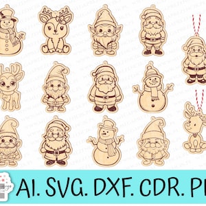 Palline dell'albero di Natale in formato SVG. Decorazioni natalizie tagliate al laser. Pallina di renna in formato SVG, pallina di Babbo Natale in formato SVG, pupazzo di neve in formato SVG, pallina di Gnome in formato SVG. Lime laser
