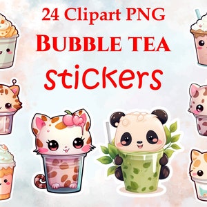 Bubble tea sticker set. Bundel bubble tea, bubble tea png, Bubble tea stickers, Boba Tea Sticker, Kawaii Bubble Drinks, cat sticker