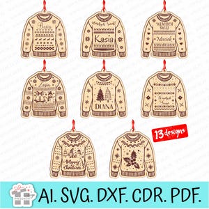 Palline per albero di Natale a forma di maglione natalizio. Decorazioni natalizie tagliate al laser. Pallina di Natale in formato SVG, pallina con nome, pallina in formato SVG.