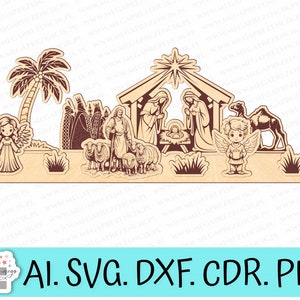Presepe festivo, taglio laser stabile di Natale, Gesù nella stalla in formato SVG, Pastore con pecora in formato SVG, Cammello in formato SVG, Tre Re