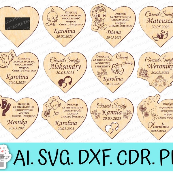 Aimant coeur / merci pour les invités / Saint Baptême svg / Cadeau pour les invités Baptême / Fichier découpé au laser SVG, fichier glowforge. SVG cœur