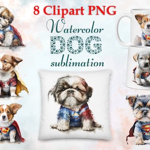 May include: Eight watercolour illustrations of dogs dressed as superheroes. The dogs are a Shih Tzu, a Corgi, a Yorkshire Terrier, and a Jack Russell Terrier. The illustrations are perfect for sublimation projects.