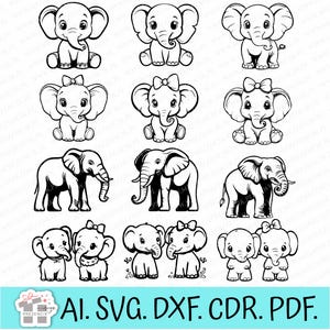 Może przedstawiać: Czarno-białe ilustracje słoni w różnych pozach. Niektóre słonie siedzą, inne stoją, a niektóre mają kokardy. Obraz zawiera również tekst "AI. SVG. DXF. CDR. PDF."