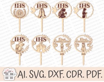 May include: Six wooden cake toppers with a religious theme. The toppers feature the letters IHS, a cross, a dove, praying hands, an angel, and a boy and girl in First Communion attire. The toppers are all on wooden sticks.