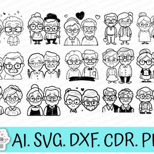 Cartoon Großeltern Grafik SVG. Oma und Opa SVG. Oma und Opa es Day SVG. Satz von Oma und Opa SVG lasergeschnittene Vektorgrafiken