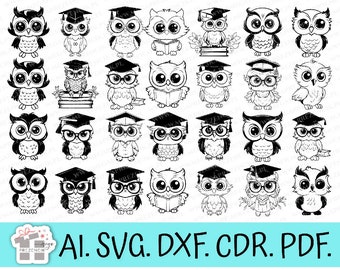 彫刻用の賢明なフクロウのベクトル グラフィックのセットです。メガネをかけたフクロウ svg。赤ちゃんフクロウ svg、フクロウの女の子と男の子。フクロウ svg レーザー