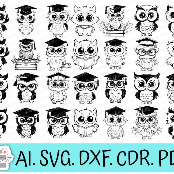 Set di grafica vettoriale Wise Owl per l'incisione. Gufo con gli occhiali in formato SVG. Baby gufo SVG, ragazza e ragazzo gufo. Laser SVG gufo