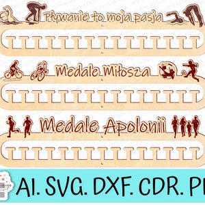 Cintre de médaille en contreplaqué. Porte-médailles gravées personnalisé pour 15 médailles. Cintres pour un footballeur, Cintre de médaille pour un coureur SVG