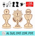 A set of goblets for the First Holy Communion, laser cut. Set of vector cliparts for First Holy Communion. Chalice statuette svg laser product logo