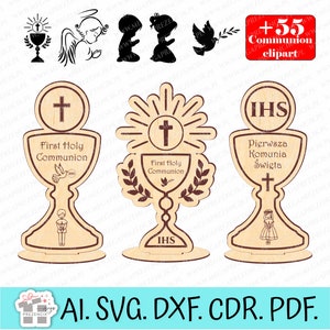Servizio di calici per la Prima Comunione tagliati al laser. Set di clipart vettoriali per la Prima Comunione. Laser in formato SVG statuetta calice