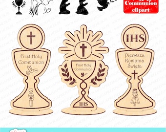 May include: Three wooden stand-up figures for a First Holy Communion celebration. Each figure features a chalice with a cross and a dove. The center figure has a sunburst design and the text "First Holy Communion". The figure on the left has the text "First Holy Communion". The figure on the right has the text "Pierwsza Komunia Swieta" and the letters "IHS".