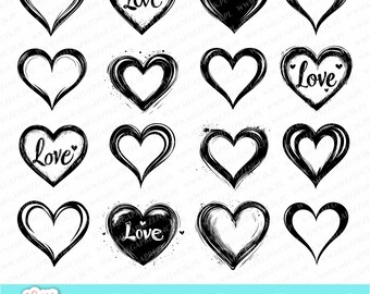 May include: A selection of black heart illustrations in diverse styles, some with the word "Love" in white. The image also displays file format options: AI, SVG, DXF, CDR, and PDF.