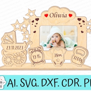 Lasergesneden babyregistratieframe. Fotolijst. Geboorteakte van het kind. Baby geboorte souvenir fotolijstje, geboortedetails.