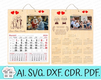 May include: A wooden calendar with a photo frame and a personalized message for grandparents. The calendar features a design of two hearts and a cartoon image of a couple. The calendar is for the year 2024 and includes a message that says "Dear Grandma, Dear Grandpa, Today I bring you one flower each. I also add heartfelt wishes, may all your dreams come true!"