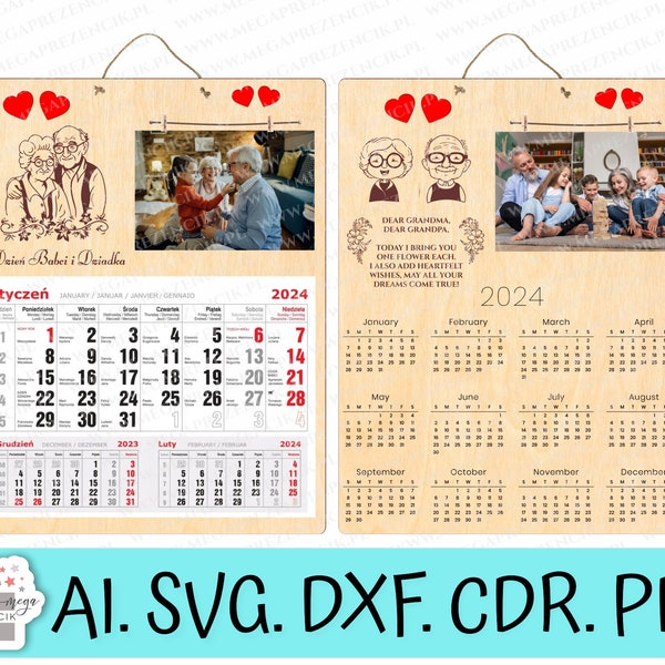 Calendario para el Día de los Abuelos con lugar para una foto. Calendario colgante grande para abuelos cortado con láser svg. Abuelos svg corte láser