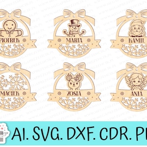 Pallina con nastro e simpatici personaggi natalizi. Pallina di Natale con nome laser, pallina laser personalizzata SVG, palline di Natale tagliate al laser