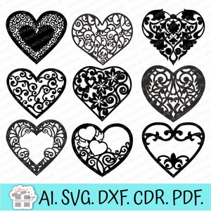 Graphiques SVG coeur décoratif. Ensemble de graphiques vectoriels de coeurs découpés au laser. Coeurs ajourés svg. Graphiques de coeur de la Saint-Valentin svg. Coeur svg
