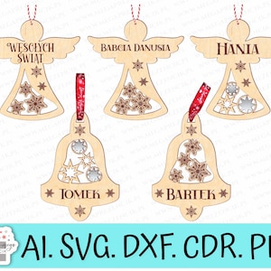 Può includere: Set di cinque decorazioni natalizie in legno con motivi di angeli e campane. Le decorazioni sono tagliate al laser e presentano intricati motivi di fiocchi di neve. Le decorazioni sono personalizzate con nomi, tra cui "Wesołych Świat", "Babcia Danusia", "Hania", "Tomek" e "Bartek".