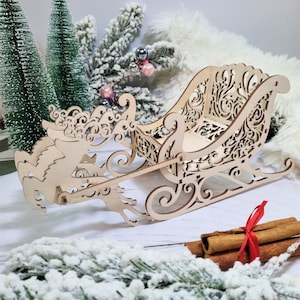 Der Schlitten des Weihnachtsmanns mit Rentieren. Frohe Weihnachten. Rudolf. Schlitten aus Sperrholz. Lasergeschnittene Datei SVG CDR Vektorpläne, Glowforge-Datei