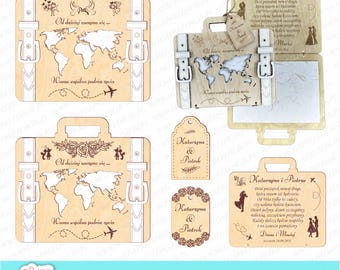 Puede incluir: Una invitación de boda de madera cortada con láser en forma de maleta con un mapa del mundo en su interior. La invitación dice "Katarzyna & Piotr" y "A partir de hoy comienza... Su viaje de vida juntos".