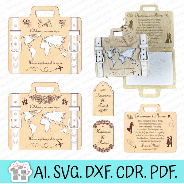 Wedding card for money in the shape of a suitcase. Money box, Suitcase with world map wedding, Wedding gift suitcase svg laser cut