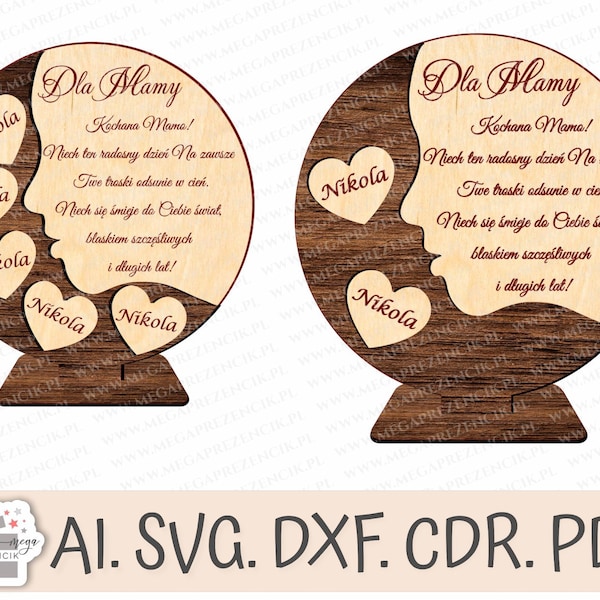 Regalo para Mamá - Estatuilla de madera con corazones. Archivo de corte láser SVG CDR planes vectoriales, archivo glowforge. Día de la Madre svg, gracias láser