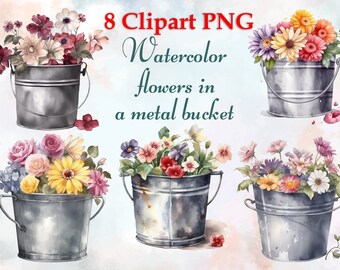 Watercolor flowers in a metal bucket, sublimation flowers, bouquet of flowers PNG, set of flowers PNG, Flowers with a transparent background