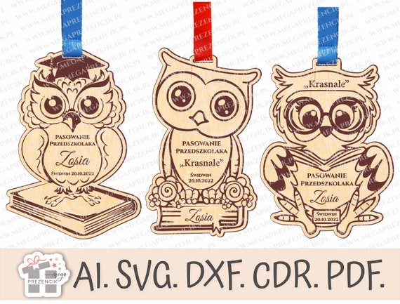 Medal personalizowany Mądra Sowa. Pasowanie na ucznia, pasowanie na przedszkolak. Zakończenie roku szkolnego, przedszkola. Cut file, SVG