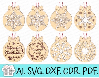 Baubles with a Snowflake motif. Openwork baubles, Christmas baubles. Baubles with the inscription Merry Christmas, baubles decoupage svg laser. Bauble with a bow