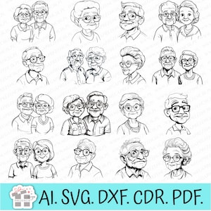 Cartoon Großeltern Grafik SVG. Oma und Opa SVG. Oma und Opa es Day SVG. Satz von Oma und Opa SVG lasergeschnittene Vektorgrafiken
