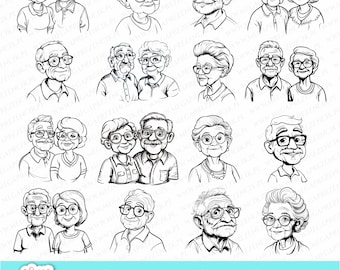 Cartoon Grandparents svg graphics. Grandma and Grandpa svg. Grandparents day svg. Grandma and grandpa vector graphics set SVG laser cut