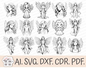 Angel vector graphics, Female angel svg, Angel clipart, Angel girl svg, Laser angel set, Angel bundle, Angel girl