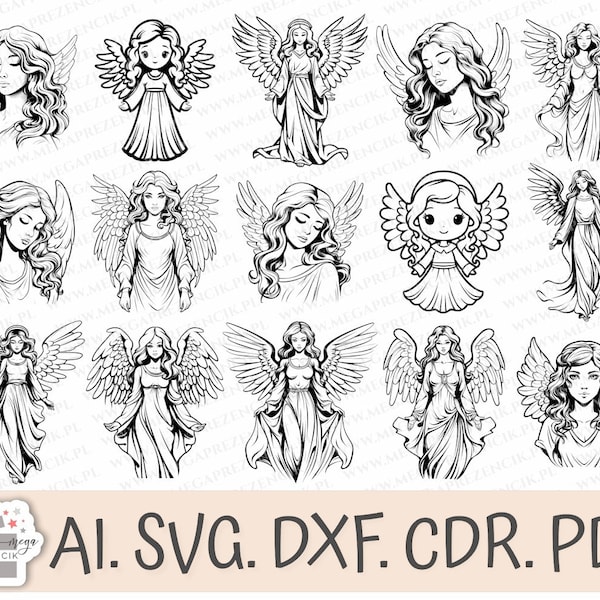 Grafiki wektorowe anioła, Kobieta anioł svg, Anioł clipart, aniołek dziewczynka svg, zestaw aniołów laser, Anioł bundle, Anioł dziewczyna