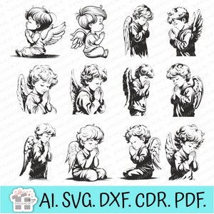 Puede incluir: Doce ilustraciones en blanco y negro de ángeles rezando. Cada ángel está representado con alas y un halo. Los ángeles están en varias poses, algunos sentados, algunos de pie y algunos arrodillados.