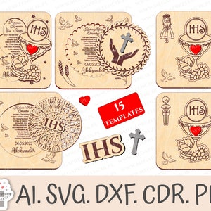 Opened thanks for First Holy Communion. A request for Godparents. Souvenir opened IHS, Cross, Chalice. Openwork laser