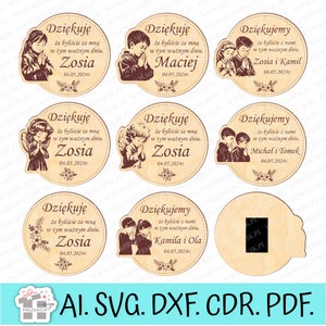 A round thank you note for First Holy Communion. Thank you magnet svg laser. IHS souvenir, laser cut svg magnets, laser thank you note