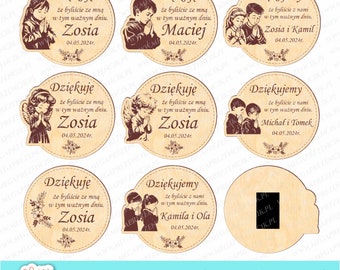 May include: A set of nine round wooden plaques with engraved text and images. The plaques feature various designs, including angels, children, and floral motifs. The text on the plaques reads "Dziękuję" and "Dziękujemy" with names and dates.