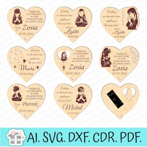 Thanks to the First Communion guests. Small heart magnet. Laser cut file SVG CDR vector plans, glowforge file. Communion souvenir laser SVG