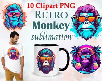 Grafiki małp w stylu retro png, Głowa małpy png, Śmieszna Małpa na koszulkę, Małpa sublimacja, bez tła png, Głowa małpy. Retro desing png