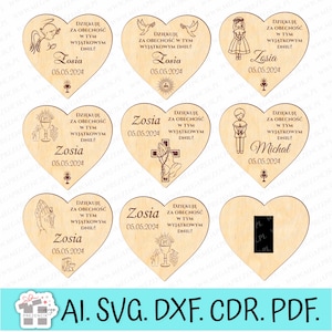 Gracias a los invitados de Primera Comunión. Pequeño imán de corazón. Archivo de corte láser SVG CDR planos vectoriales, archivo Glowforge. Recuerdo comunion laser SVG