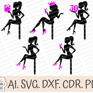 Topper para menina | topo de bolo svg | feliz aniversário | Topo de bolo silhueta mulher | Princesa Feliz Aniversário | Corte a laser | arquivo glowforge.