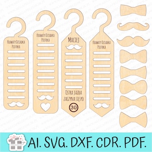 Laser cut tie hanger for grandpa. Laser cut bow tie set. Laser cut hanger for a girl. Tie hanger for Dad laser svg