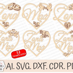 Decoração de casamento Coração Marido Esposa, Inscrição Marido e Mulher, Modelos de casamento svg, Noiva e noivo svg. Corte a laser para casamento. Rim coração laser svg Marido e Mulher
